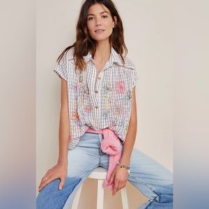 Anthropologie Pilcro Serena Surf Henley Floral Embroidered Blouse Size S Boho